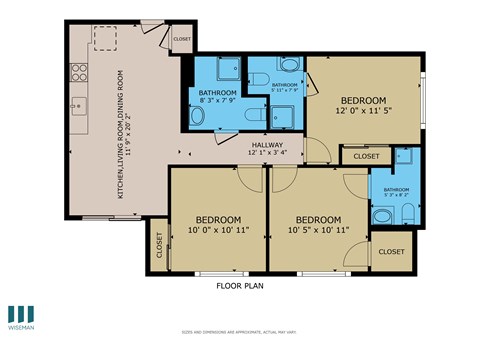 Floor plan for 3 beds, 3 baths, 909 sqft
